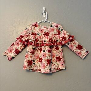 Mudpie long sleeve pink and red holly muslin cotton top with tassels 3t